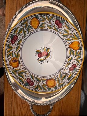 Vintage Grazia Deruta Italy Hand Painted Fruit Footed Serving Bowl 13” Majolica